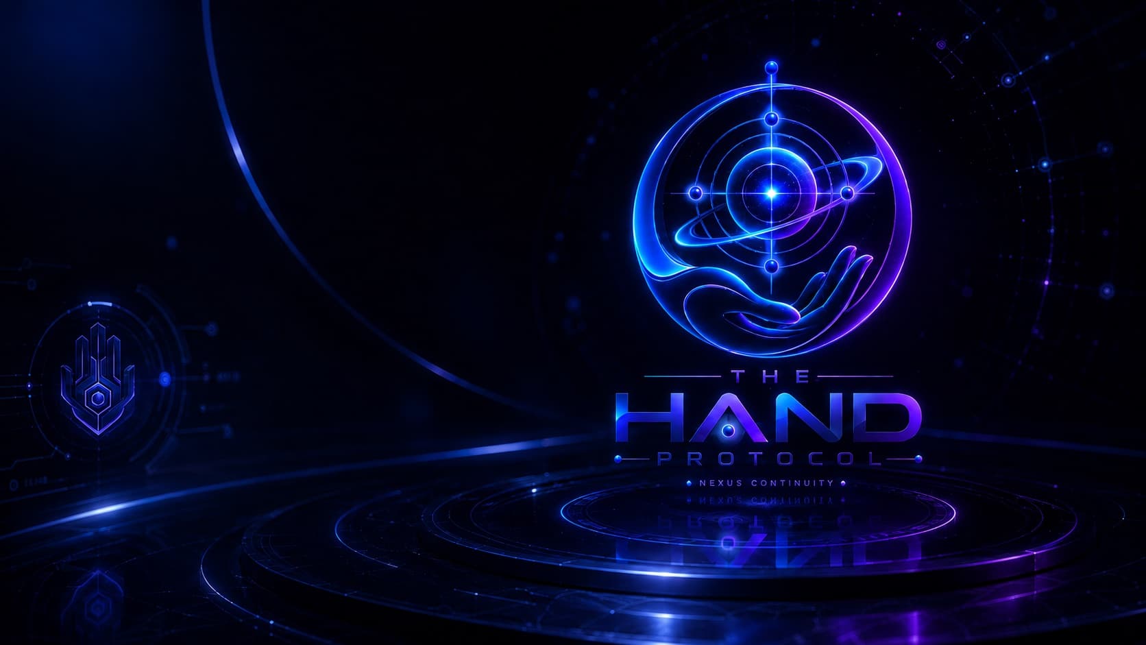 The Hand Protocol cosmic mark in a blue and violet continuity chamber